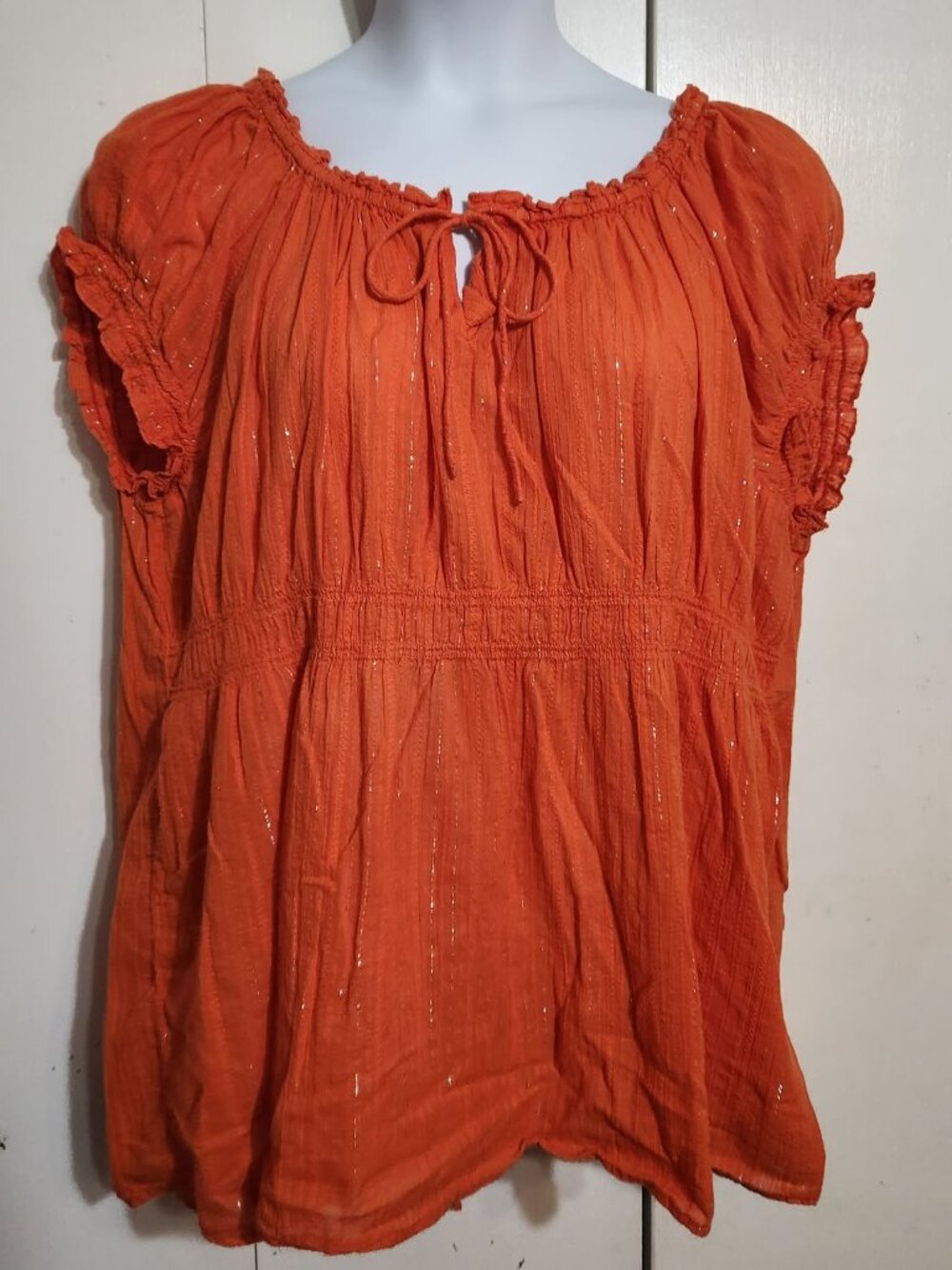 Fashion Bug VTG Orange Gold Metallic Shimmer Peasant Top 30/32W Boho Lace Up Y2K